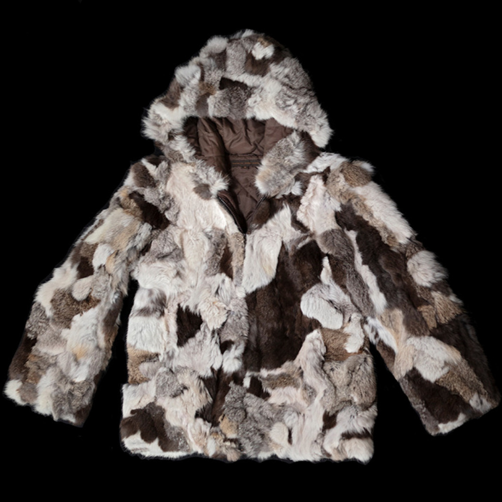 Rabbit hooded jacket, hip length